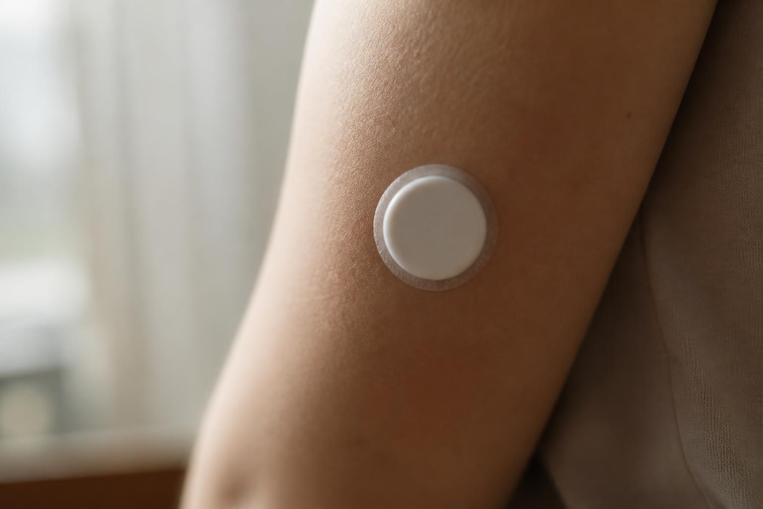 A small round sensor patch resting on a bare forearm in soft, warm natural light, shot close and slightly out of focus.