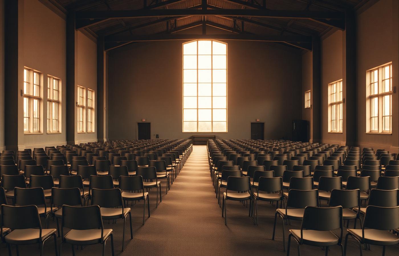 An empty meditation hall at dawn with rows of chairs and warm light through tall windows
