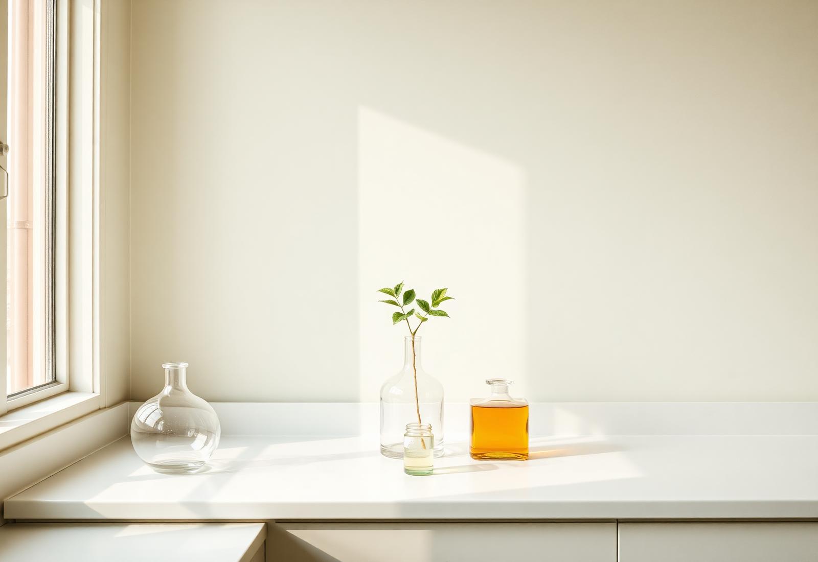 A quiet laboratory bench with glass vessels and a single green plant in soft daylight