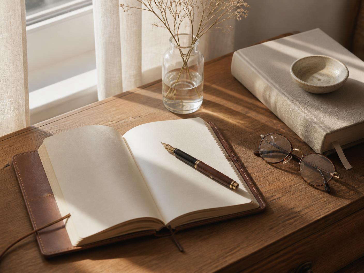 Soft morning light across a desk with an open journal and reading glasses.